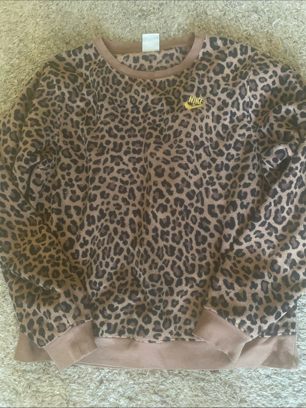 Nike Brown Leopard Print Crewneck Sweatshirt with Gold Swoosh limited edition